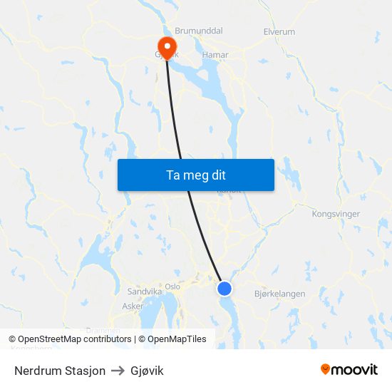 Nerdrum Stasjon to Gjøvik map