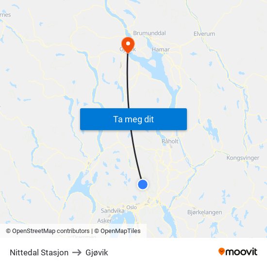 Nittedal Stasjon to Gjøvik map