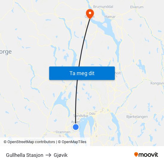 Gullhella Stasjon to Gjøvik map