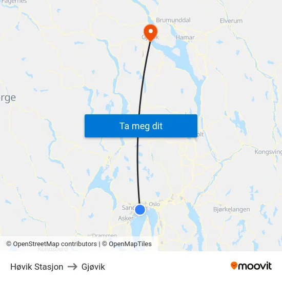 Høvik Stasjon to Gjøvik map