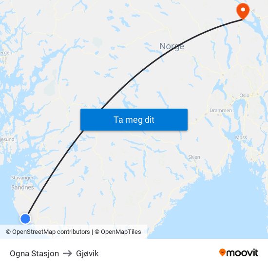 Ogna Stasjon to Gjøvik map