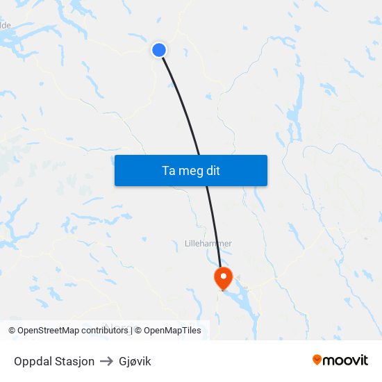 Oppdal Stasjon to Gjøvik map