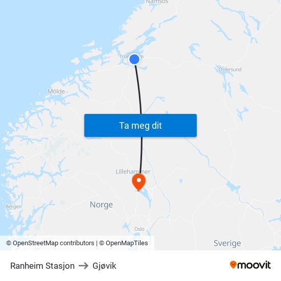 Ranheim Stasjon to Gjøvik map