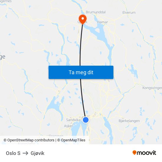 Oslo S to Gjøvik map
