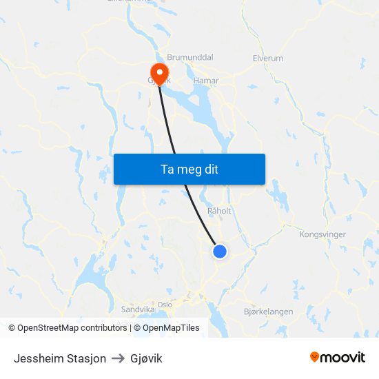 Jessheim Stasjon to Gjøvik map
