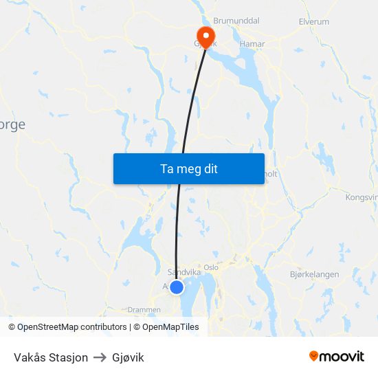 Vakås Stasjon to Gjøvik map