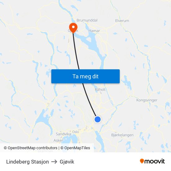 Lindeberg Stasjon to Gjøvik map