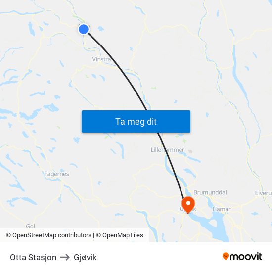 Otta Stasjon to Gjøvik map