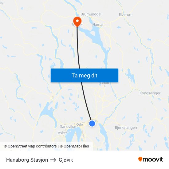 Hanaborg Stasjon to Gjøvik map