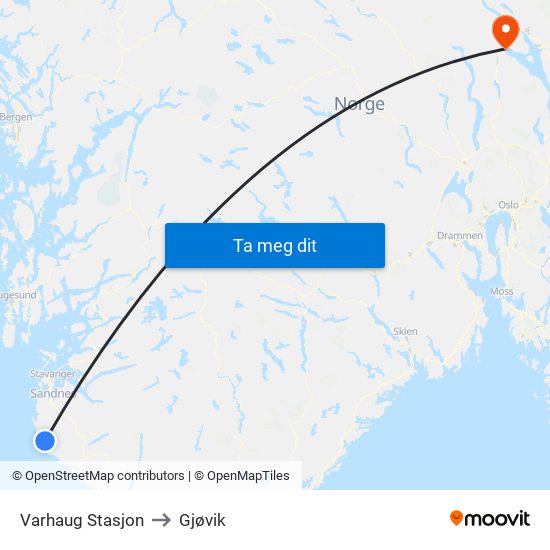 Varhaug Stasjon to Gjøvik map