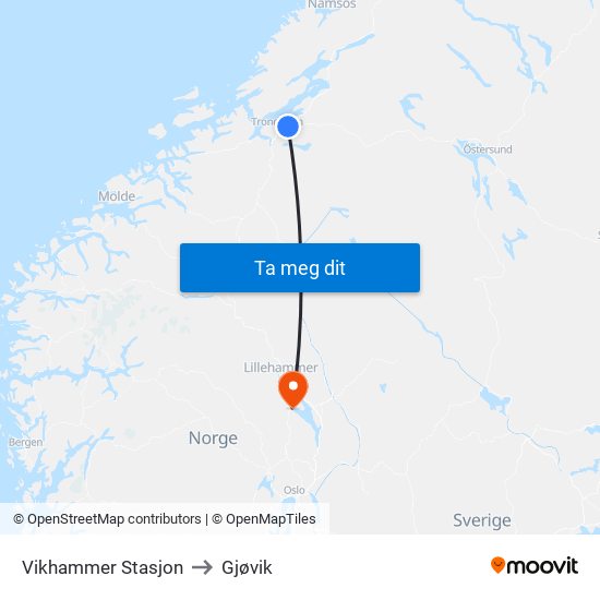 Vikhammer Stasjon to Gjøvik map