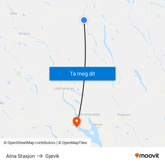 Atna Stasjon to Gjøvik map