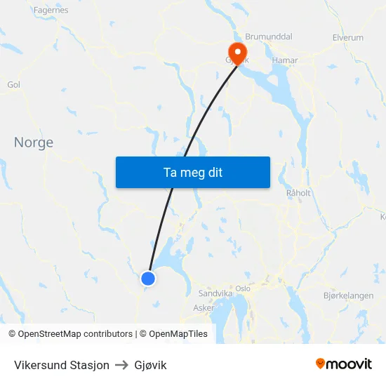 Vikersund Stasjon to Gjøvik map