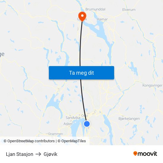 Ljan Stasjon to Gjøvik map