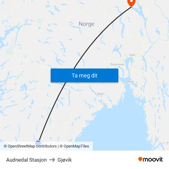 Audnedal Stasjon to Gjøvik map
