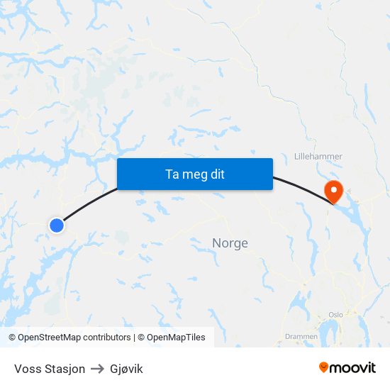 Voss Stasjon to Gjøvik map
