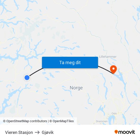 Vieren Stasjon to Gjøvik map