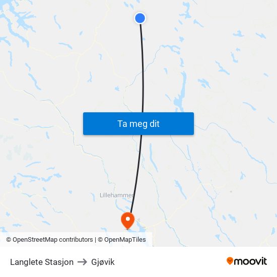 Langlete Stasjon to Gjøvik map