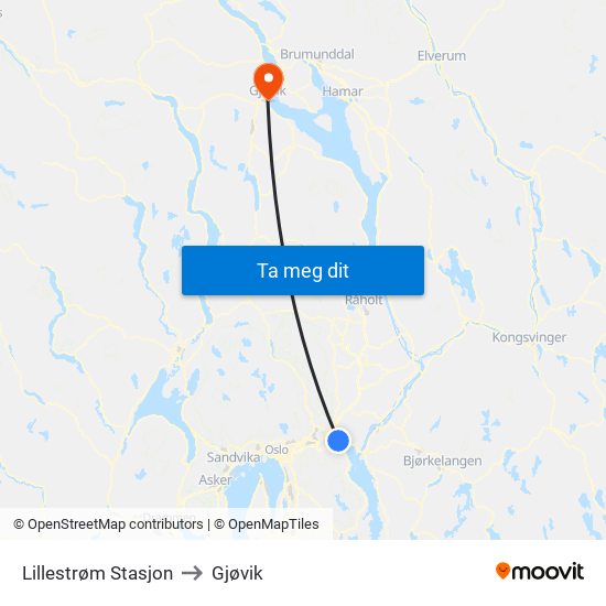 Lillestrøm Stasjon to Gjøvik map