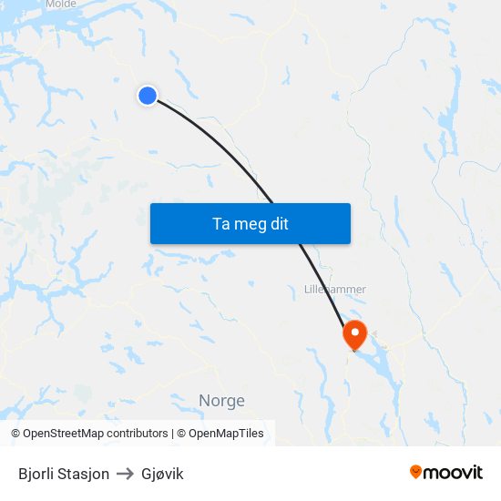 Bjorli Stasjon to Gjøvik map