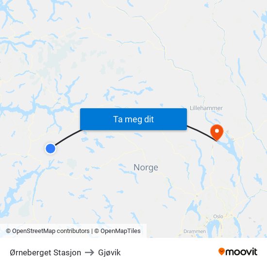 Ørneberget Stasjon to Gjøvik map
