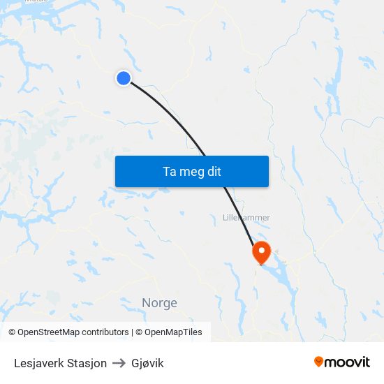 Lesjaverk Stasjon to Gjøvik map