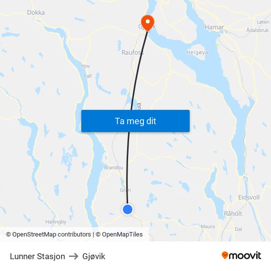 Lunner Stasjon to Gjøvik map