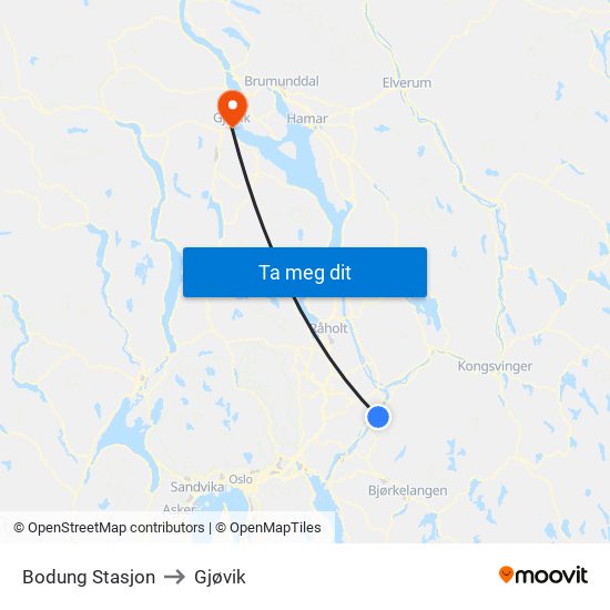 Bodung Stasjon to Gjøvik map