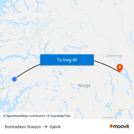 Bolstadøyri Stasjon to Gjøvik map
