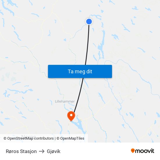Røros Stasjon to Gjøvik map