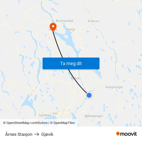 Årnes Stasjon to Gjøvik map