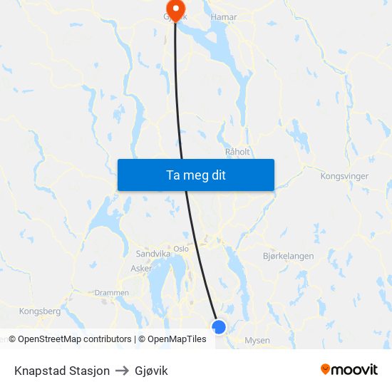 Knapstad Stasjon to Gjøvik map