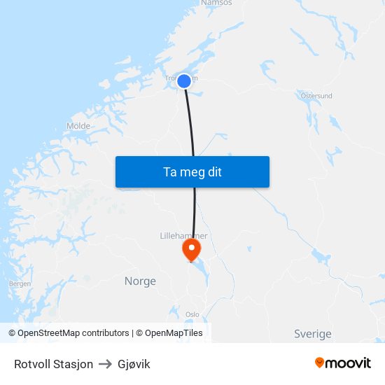 Rotvoll Stasjon to Gjøvik map