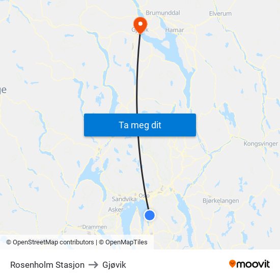 Rosenholm Stasjon to Gjøvik map