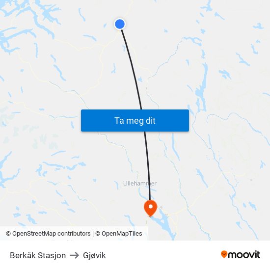 Berkåk Stasjon to Gjøvik map