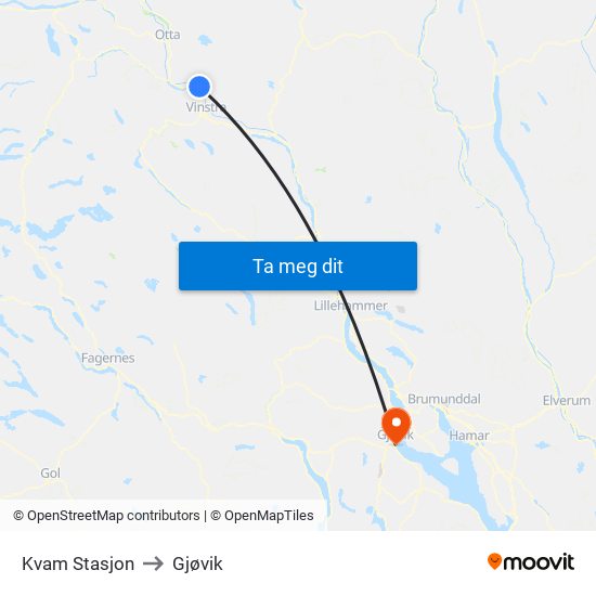 Kvam Stasjon to Gjøvik map