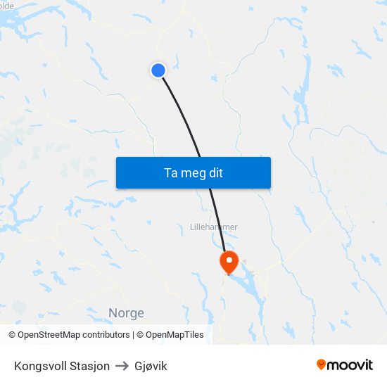 Kongsvoll Stasjon to Gjøvik map