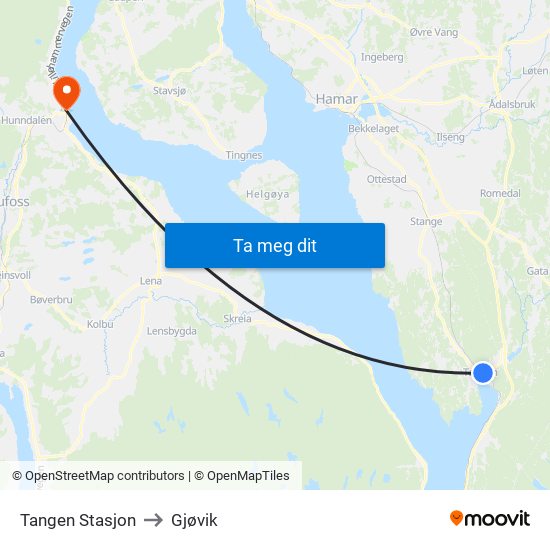 Tangen Stasjon to Gjøvik map