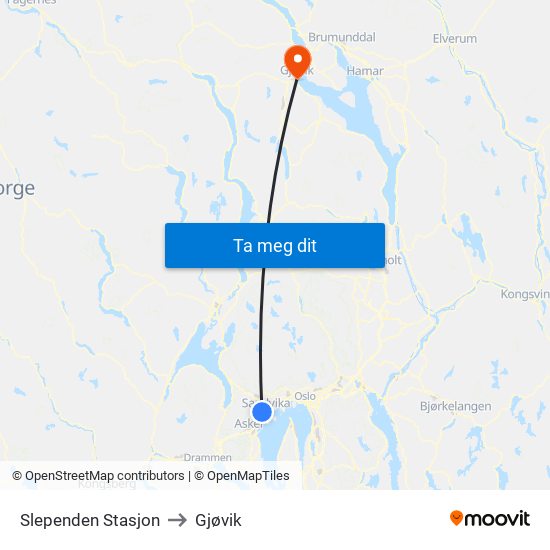 Slependen Stasjon to Gjøvik map