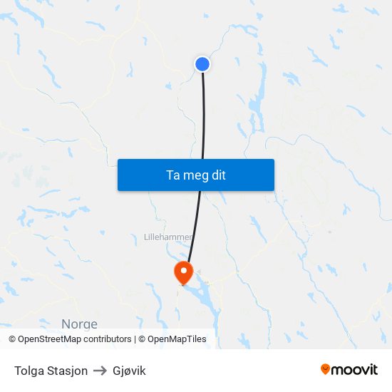 Tolga Stasjon to Gjøvik map