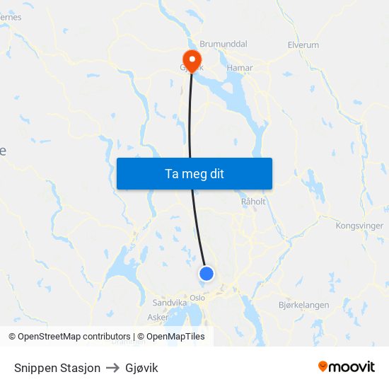 Snippen Stasjon to Gjøvik map