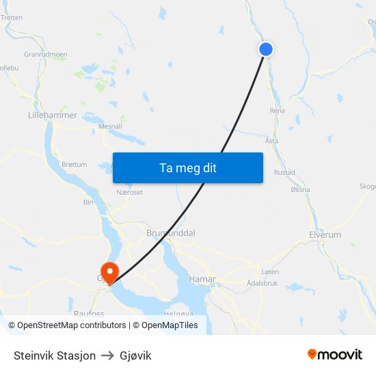 Steinvik Stasjon to Gjøvik map