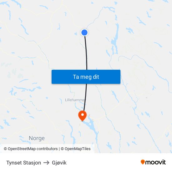 Tynset Stasjon to Gjøvik map