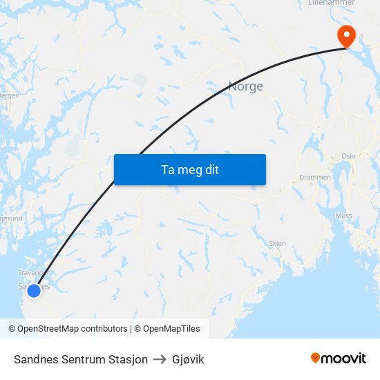 Sandnes Sentrum Stasjon to Gjøvik map