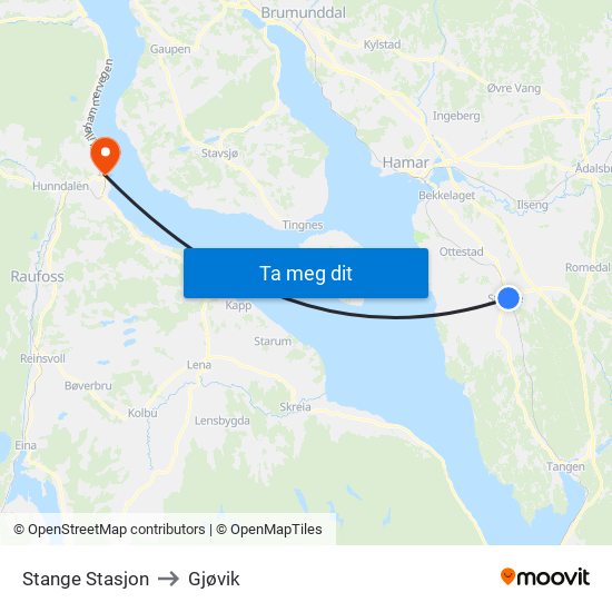 Stange Stasjon to Gjøvik map