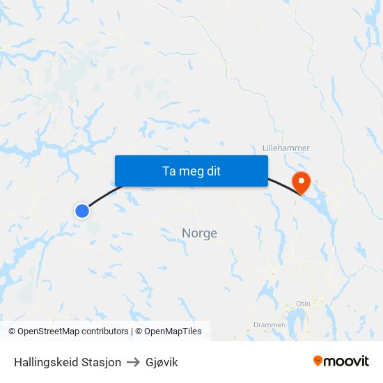 Hallingskeid Stasjon to Gjøvik map