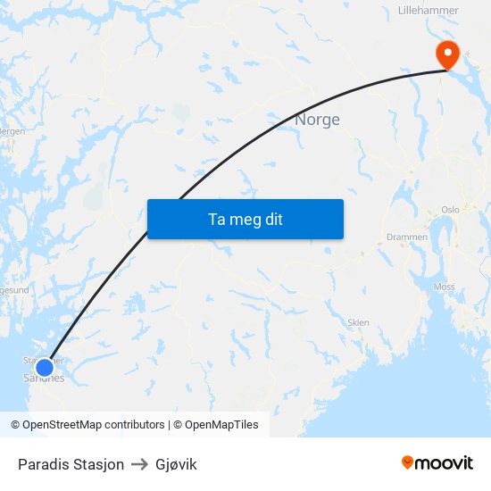 Paradis Stasjon to Gjøvik map