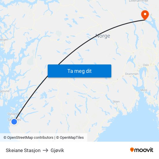 Skeiane Stasjon to Gjøvik map