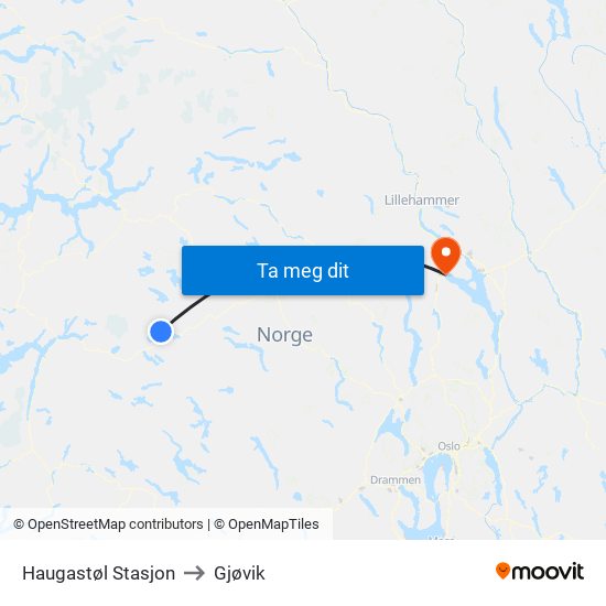 Haugastøl Stasjon to Gjøvik map