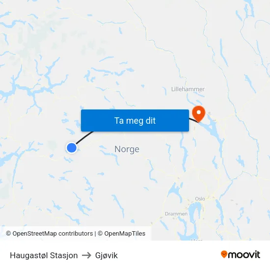 Haugastøl Stasjon to Gjøvik map